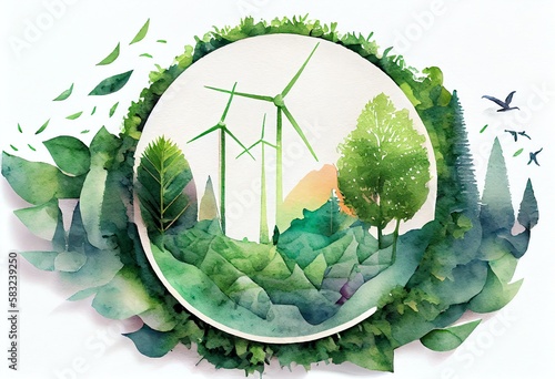 Watercolor Illustration of a Paper Cut , Ecology Green Nature , Renewable Energy By 2050 Carbon Neutral Energy Or Greenhouse Gas Emission Co2. Generative AI