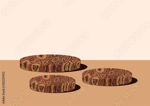 3-level circular wood grain podium. Wood texture. Display for products.