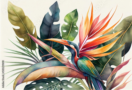 Watercolor Illustration of a Tropical Leaves With Bird Of Paradise, Jungle Background, Illustration. Generative AI
