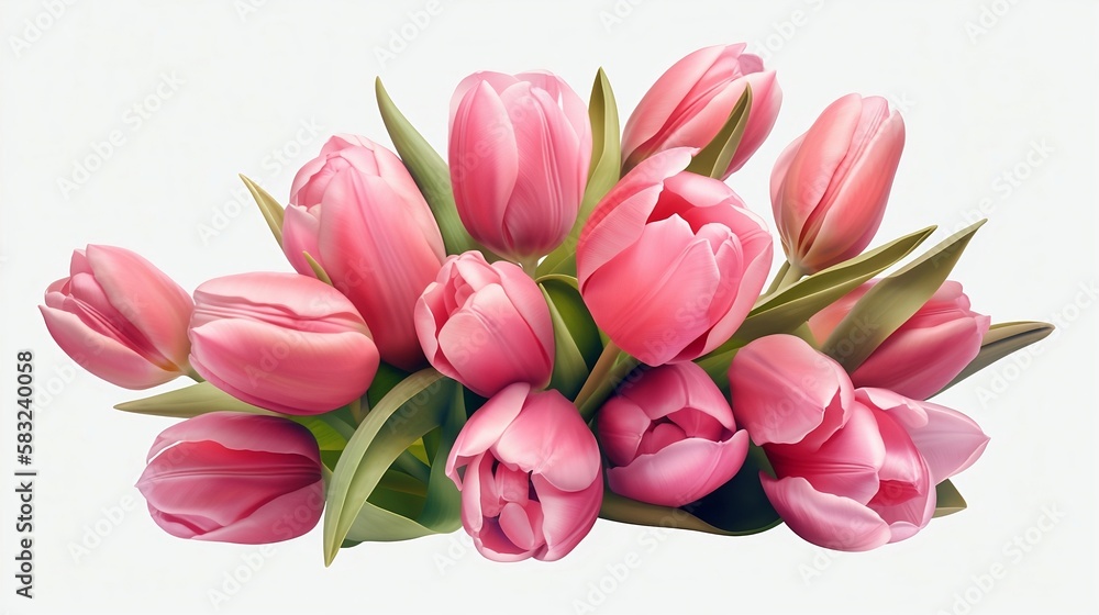 White Background - Bouquet of pink tulips on a white background. Generative AI, White Background - Bouquet of pink tulips on a white background. Generative AI,
