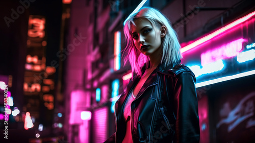 A beautiful girl in a jacket standing in a bright neon light city street at night, generative ai