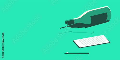 A spilled bottle of wine on the table. Nearby is a piece of paper and a pencil or pen. The concept of loneliness, thinking, melancholy.