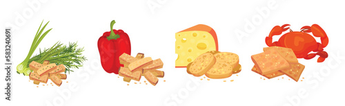 Flavored Crouton as Pieces of Seasoned Rebaked Bread Vector Set photo