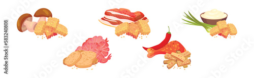 Flavored Crouton as Pieces of Seasoned Rebaked Bread Vector Set