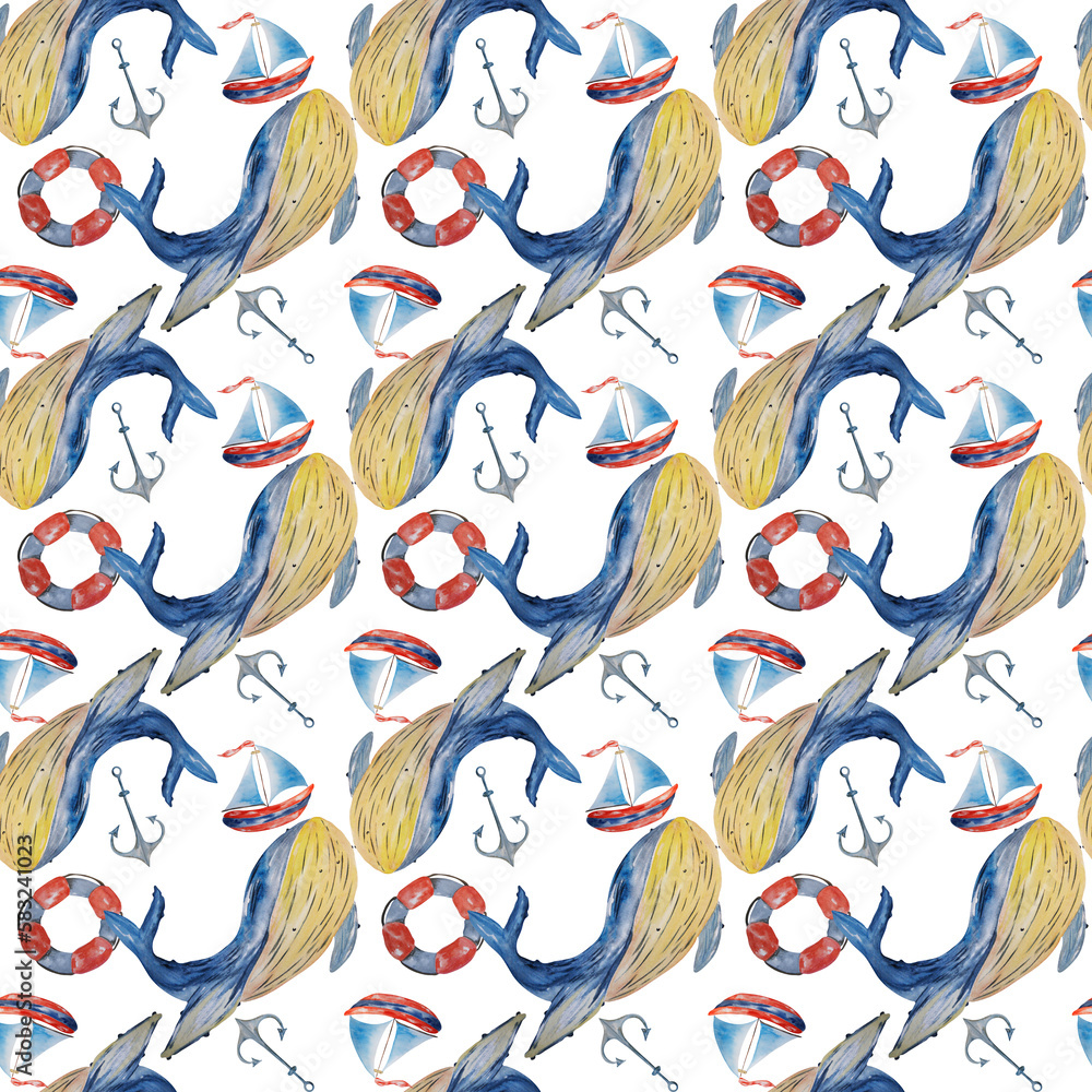 Fototapeta premium Watercolor composition of marine theme on a white background. Handmade. Can be used on patterns, prints, postcards, napkins, t-shirts.