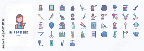 Hair dressing icons, including icons like Cape, Armchair, clip, Comb and more
