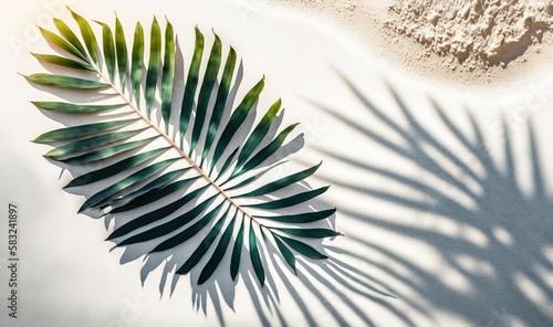  a palm leaf casts a shadow on a white surface with a shadow of a sand dune in the background and a shadow of a palm leaf on the ground. generative ai