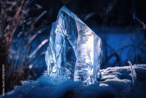 Un Iernunnos figé dans un bloc de glace avec des éclats de cristal.