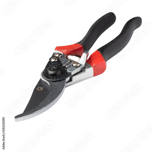 Secateurs. The hand tool is designed to remove shoots and small branches when forming the crown of small trees and shrubs. Isolated on transparent background. Closed state. 