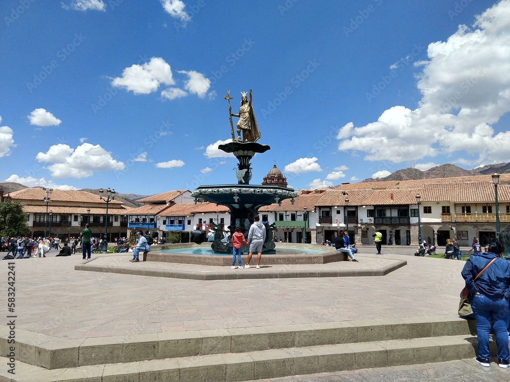 fountain in the plaza de armas Statue of Pachacutec Peru