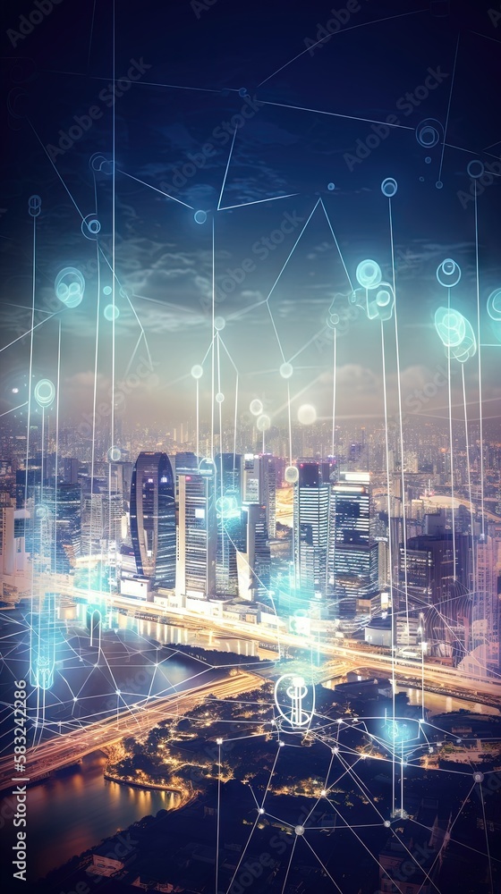 Un visuel imaginatif de la ville numérique intelligente avec un graphique abstrait de la mondialisation montrant le réseau de connexion.