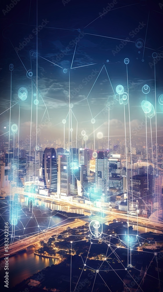 Obraz premium Un visuel imaginatif de la ville numérique intelligente avec un graphique abstrait de la mondialisation montrant le réseau de connexion.
