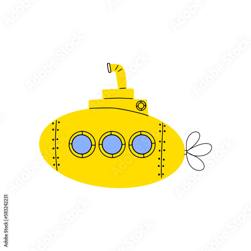 Submarine. Underwater transport. Sea life design. Vector illustration in scandinavian style.