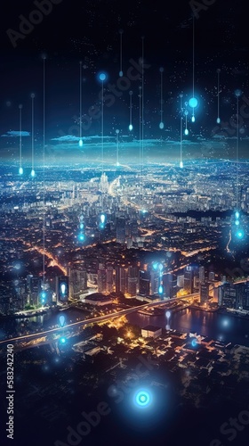 Un visuel imaginatif de la ville numérique intelligente avec un graphique abstrait de la mondialisation montrant le réseau de connexion.