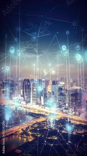 Un visuel imaginatif de la ville numérique intelligente avec un graphique abstrait de la mondialisation montrant le réseau de connexion. © MiniMaxi