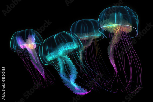 Glowing marine jellyfish on dark background. Generative AI © Miquel