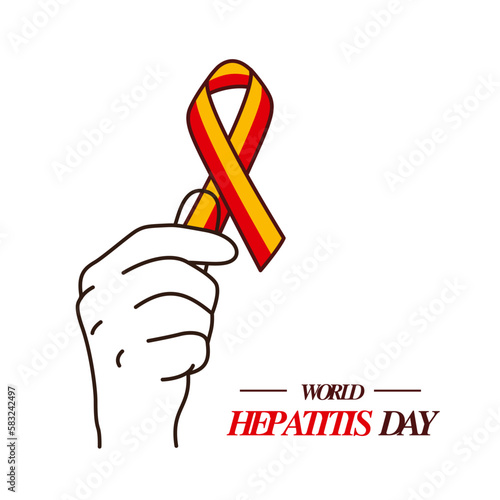 Hand holding red and yellow ribbon for World Hepatitis Day Concept Design. Liver Cancer awareness illustration