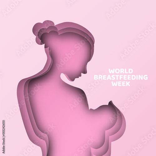 World Breast Feeding week design. illustration of woman breastfeeding a baby, pink background, paper style