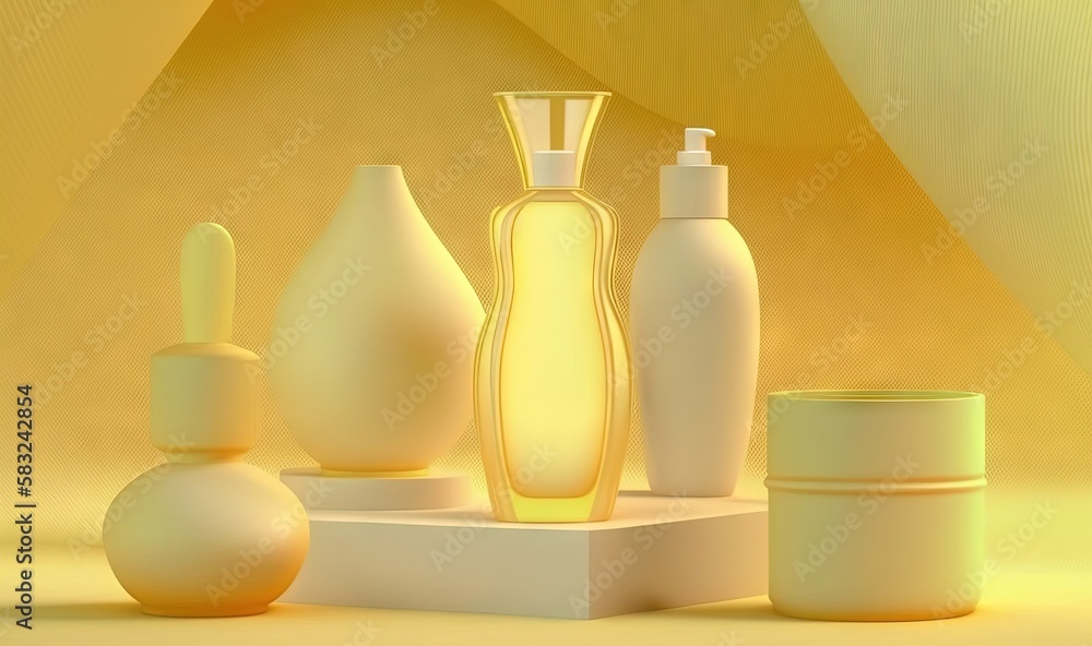 a group of white vases and containers on a yellow background with a yellow background behind them and a yellow background behind them that has a triangular shape. generative ai a group of white vases and containers on a yellow background with a yellow background behind them and a yellow background behind them that has a triangular shape. generative ai