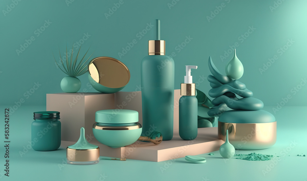a collection of cosmetics and skin care products on a table with a blue background and a gold vase with a plant in it and a gold lid. generative ai a collection of cosmetics and skin care products on a table with a blue background and a gold vase with a plant in it and a gold lid. generative ai