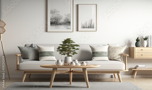  a living room with a couch, coffee table, and two pictures on the wall above the coffee table is a potted plant and a lamp.  generative ai © Shanti