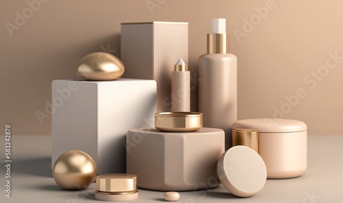  a group of cosmetics products sitting on top of a table next to each other on a beige background with a gold sphere in the middle.  generative ai