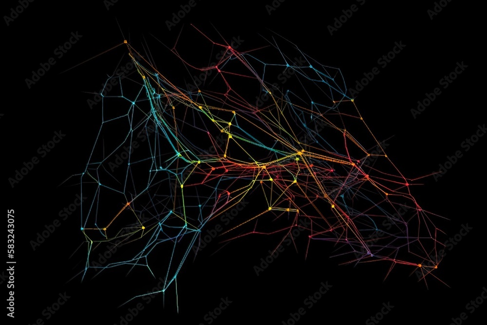 Une représentation abstraite minimaliste d'un réseau de neurones aux couleurs vives.