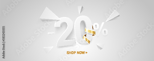 20 Percent off discount sale background. White 3D number with percent sign and golden ribbon. Promotion template design.