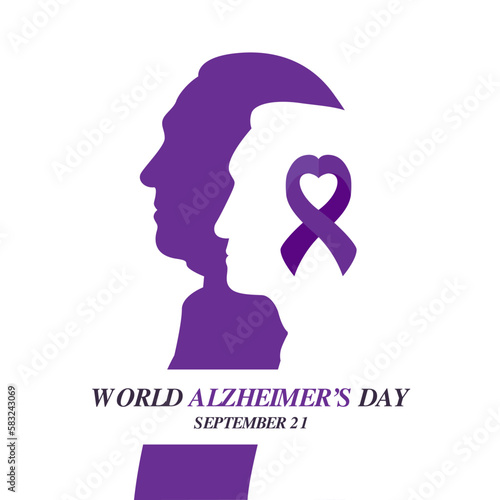 World Alzheimer's Day Concept Design. Alzheimer awareness with silhouettes of old woman and man illustration. purple ribbon