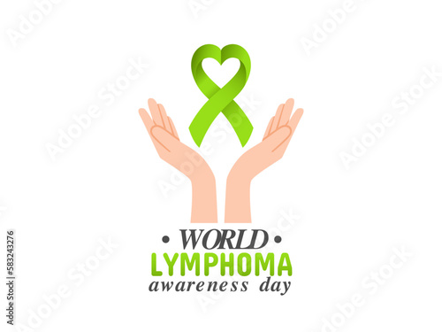 hand holding lime green ribbon illustration. World Lymphoma day design, hands lift love ribbons for lymphoma awareness day