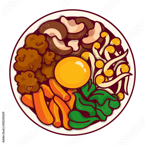 Korean rice bowl filled with assorted vegetables, egg and meat illustration vector. (Bibimbap recipe) Asian salad food icon design. Korean bibimbap top view cartoon. Korean food menu vector.