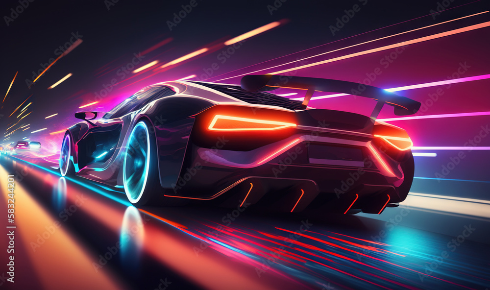  a car driving through a tunnel with neon lights on the side of it's headlamps and tail lights on the side of the car.  generative ai