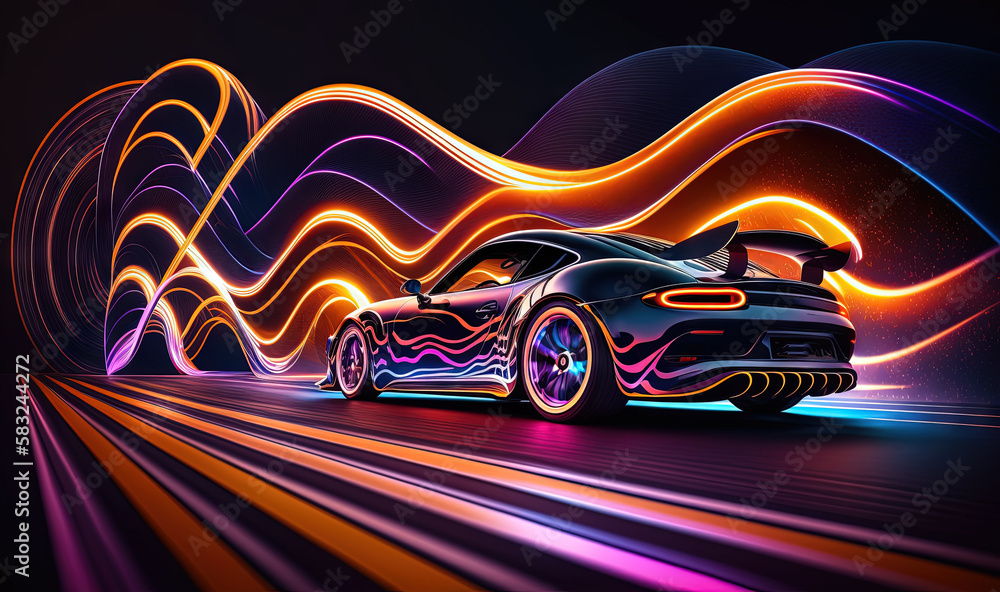 a car is shown with a colorful light painting effect on it's body and the hood is up and the car is parked in front of the picture. generative ai a car is shown with a colorful light painting effect on it's body and the hood is up and the car is parked in front of the picture. generative ai