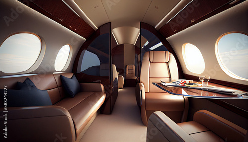 Luxury interior in bright colors in the private business jet © PaulShlykov