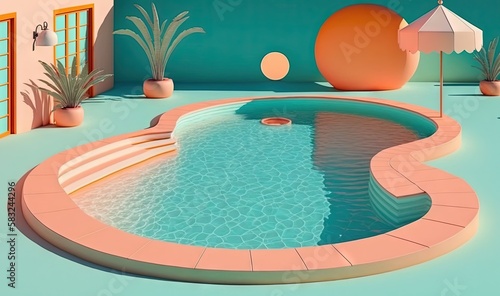  a small pool with a waterfall in the middle of it and a large orange ball in the middle of the pool and a white umbrella on the side of the pool.  generative ai