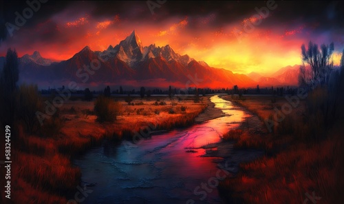  a painting of a river running through a field with mountains in the background and a sunset in the sky with clouds in the sky above. generative ai