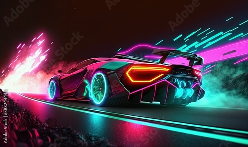  a futuristic car driving down a road with neon lights on the side of it's headlight and tail lights on the back of the car. generative ai