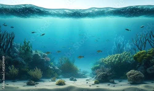  an underwater scene with a lot of fish and corals on the bottom of the water and sand bottom to the bottom of the water.  generative ai photo