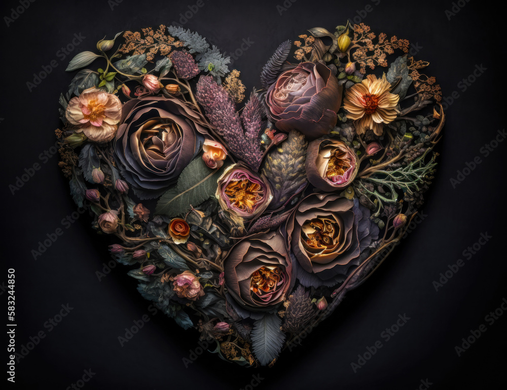 Heart of roses on a dark background created with Generative AI technology Heart of roses on a dark background created with Generative AI technology