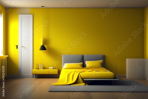 Minimalist bedroom with yellow walls 8k - generative ai