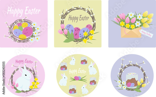 Happy Easter greeting cards with willow wreath, eggs, bunny, cake and flowers