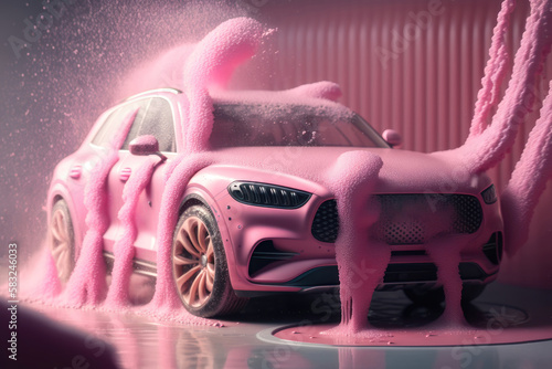 Car wash with pink foam. AI generated
