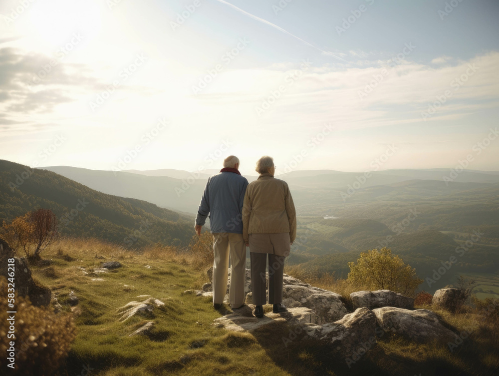 An elderly couple walking on top of a mountain and looking out over a beautiful landscape.. AI generation.