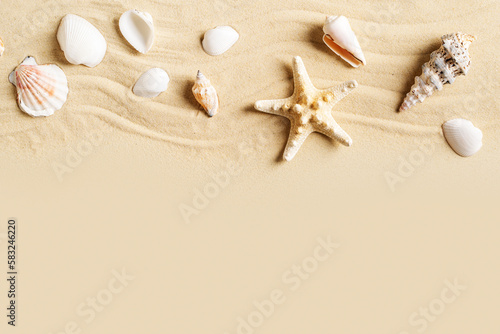 Summer vacation and beauty sand mock up with shell, starfish and sand on beige background,