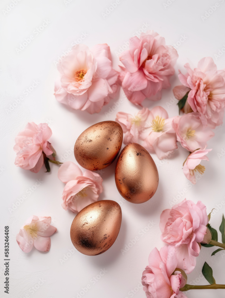 Golden Easter Eggs and Elegant Pink Flowers on a white marble background Golden Easter Eggs and Elegant Pink Flowers on a white marble background