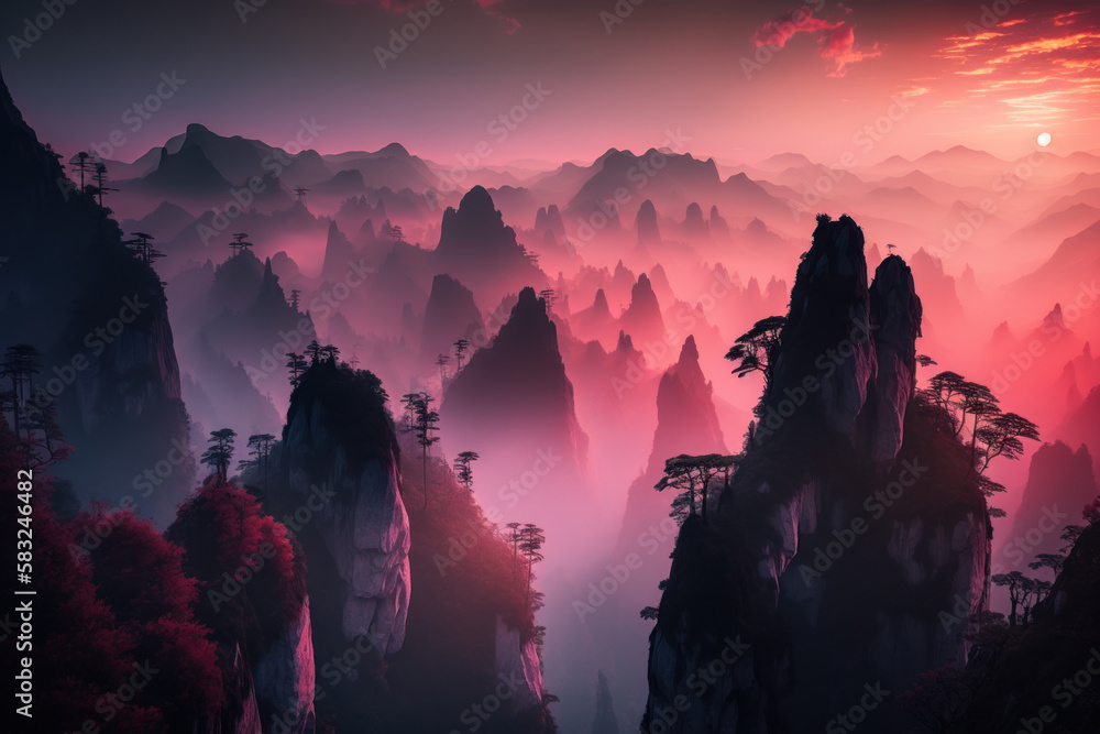 Zhangjiajie national forest park in china at amazing red sunset. generative ai