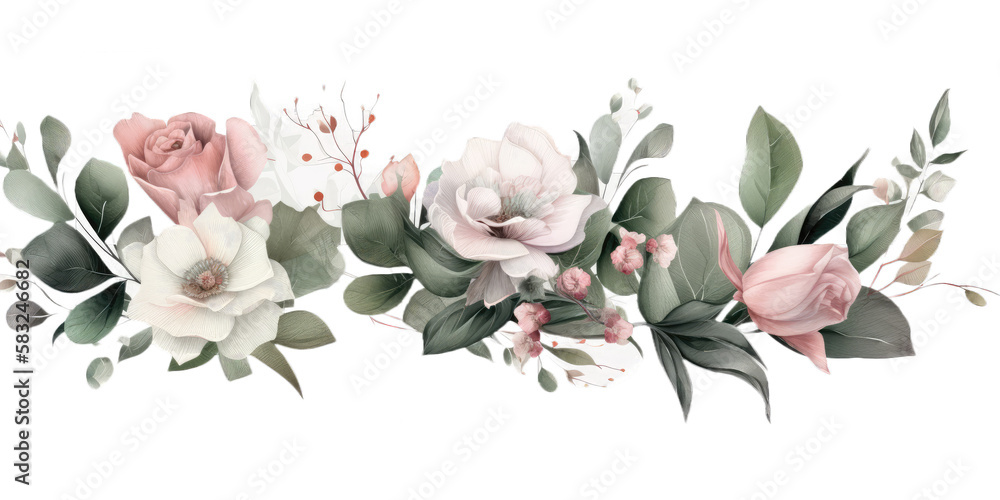 Floral illustration - pink flowers, green leaves, white flowers, branches. Wedding invitations, greetings, wallpapers, fashion, prints, generative ai