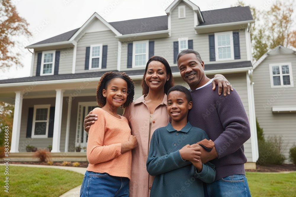 African American family in front of newly purchased home, ownership