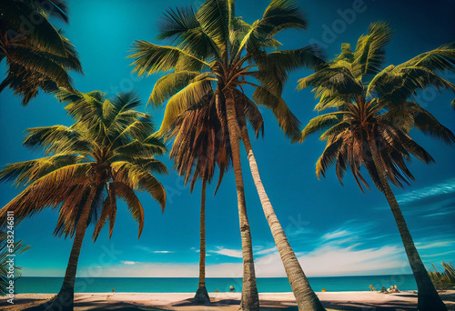 Coconut palm trees against blue sky and beautiful beach. Generative AI