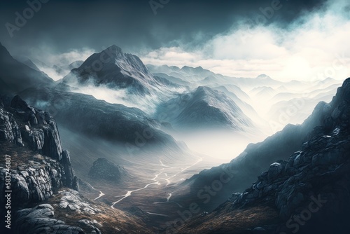 Misty mountainscapes. AI generated
